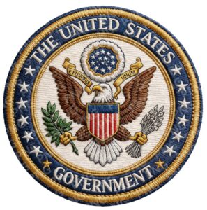 Circular embroidered patch showing the United States government seal with an eagle holding olive branches and arrows, shield, and a blue starry border.