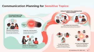 Infographic showing steps for handling sensitive topics, including safe disclosure foundations, learning zone, and structured collaborative engagement.